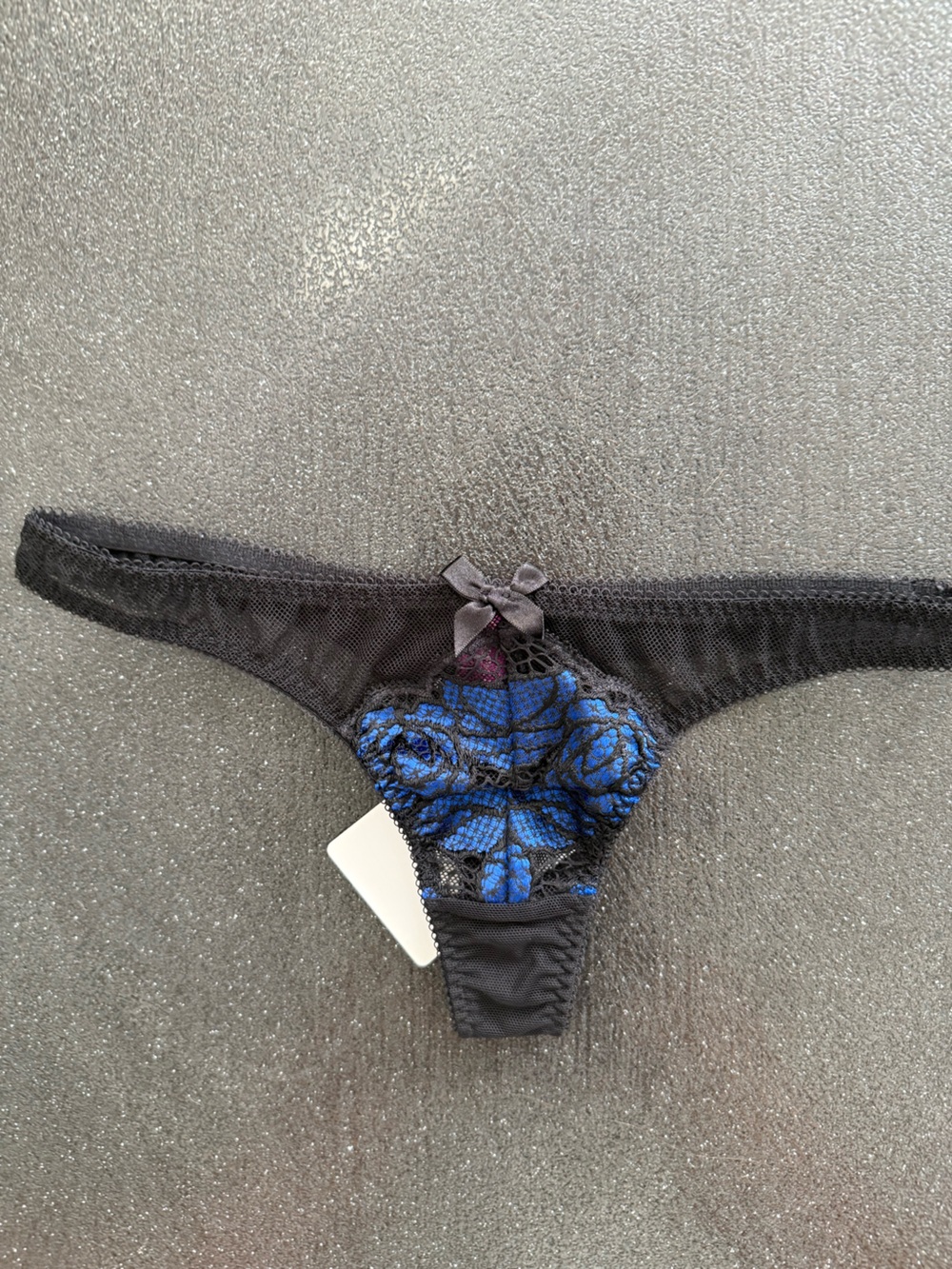 Agent Provocateur Black Thong with Blue Lace Floral Detail